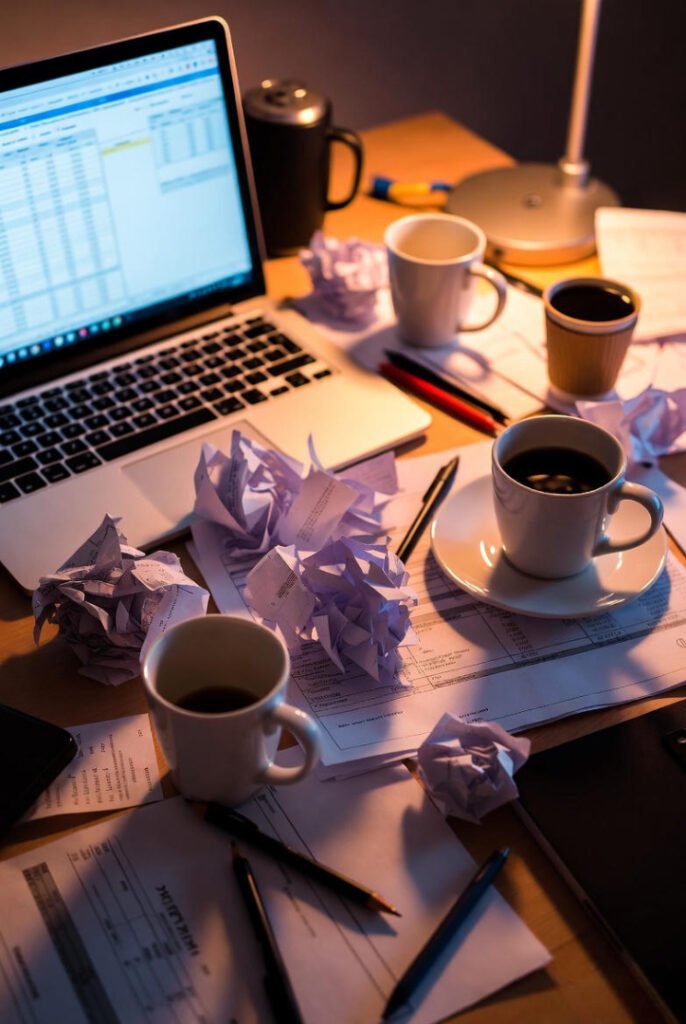 a slightly chaotic desk with coffee cups, crumpled receipts, and a laptop open to a spreadsheet — warm lighting, slight blur, very “late night hustle” vibes.
