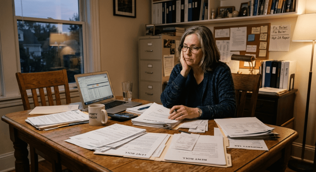 A tired woman sits at a paper-cluttered desk at dusk.