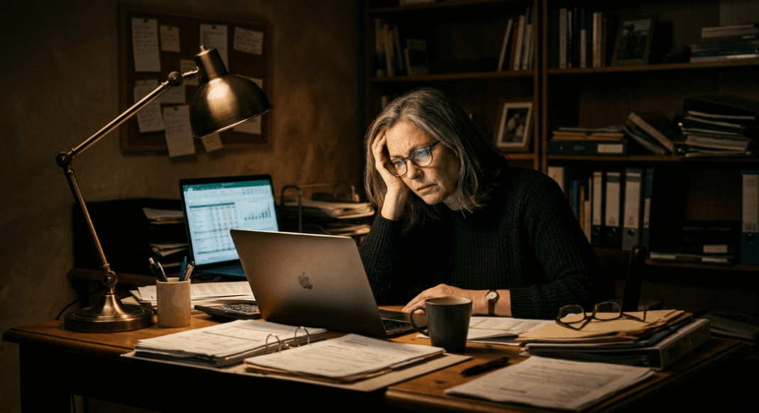 Tired woman in glasses works at cluttered desk.